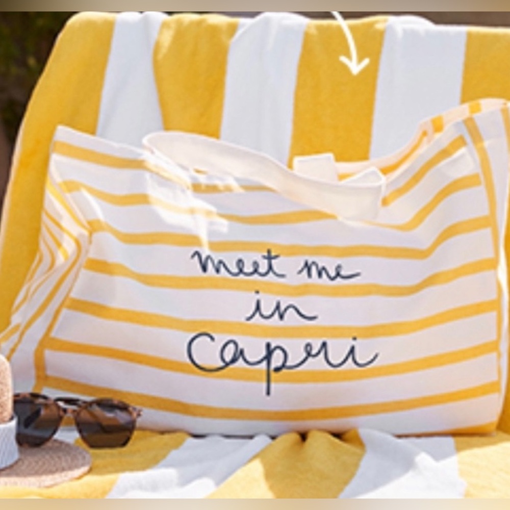 Loft “Meet Me in Capri” Yellow and White Striped Tote Bag. Beach Bag.